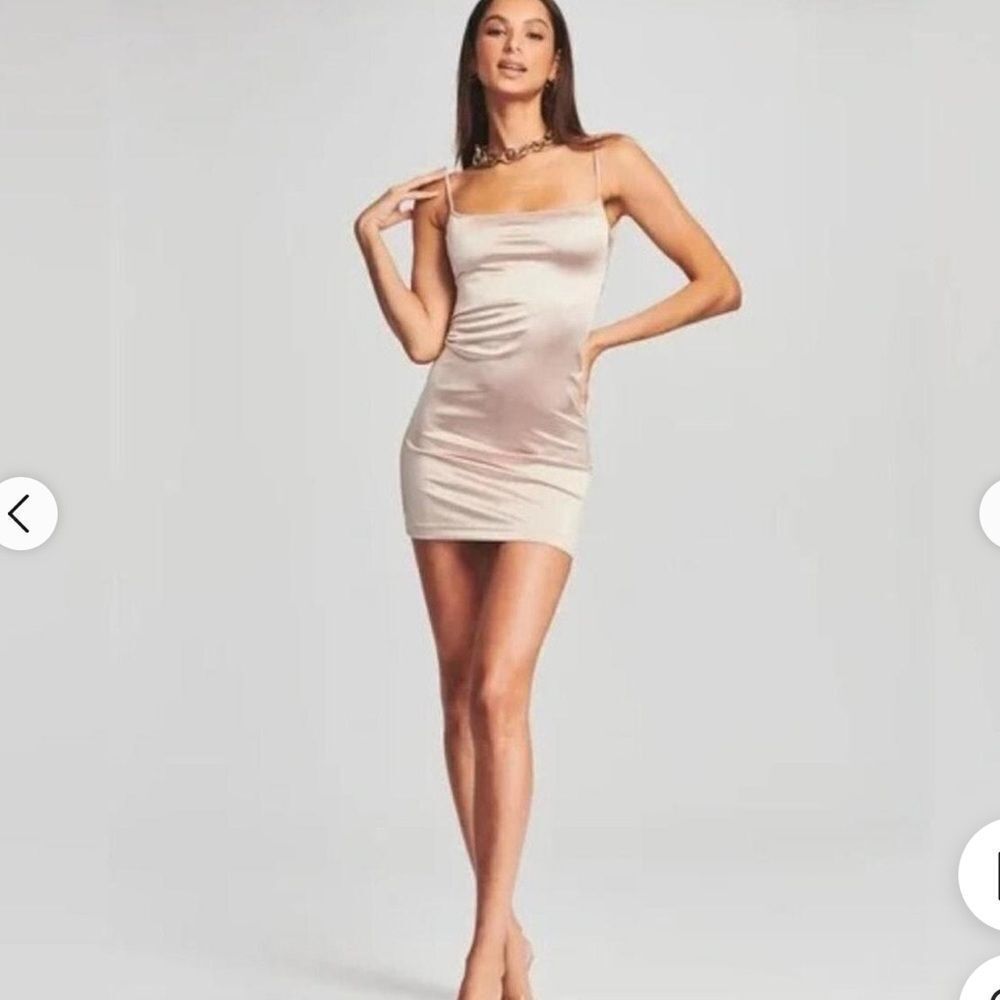 The Lillian Dress by SER.O.YA Creamy Beige Stretch Mini Satin